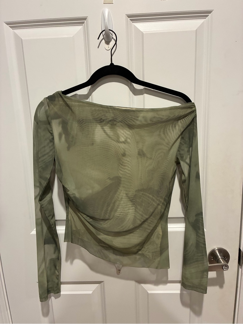 Olive Green Sheer Off-Shoulder Long Sleeve Top